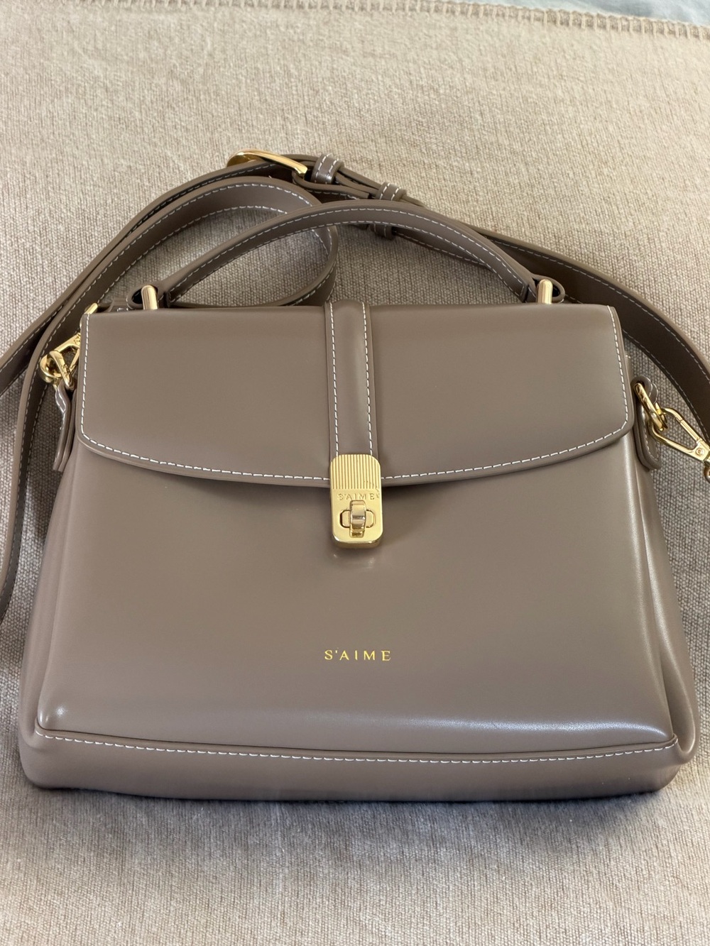 Taupe Top-Handle Leather Satchel